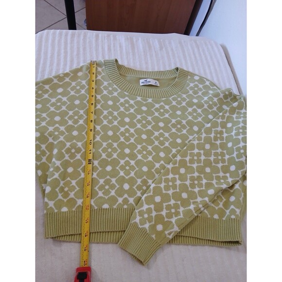 Hollister Women’s M Green White Floral Cropped Sweater Cotton Knit Casual - Picture 8 of 15